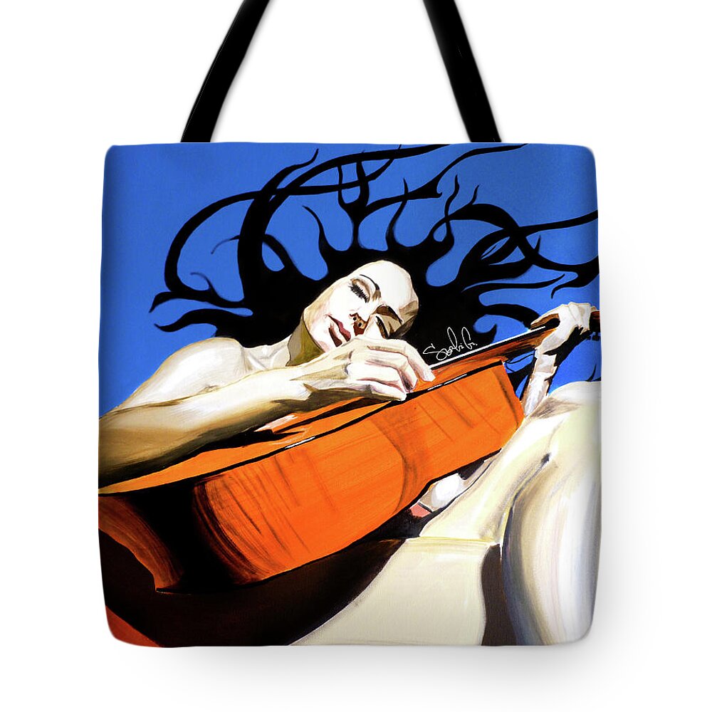 Hair Art Woman Girl Lady Lover Love Sexy Nude Blue Orange Tribal Fire Guitar Acoustic Folk Rock Country Jazz Music Musician Notes Strings Eyes Lips Legs Couch Cool Hot Colors Colorful Tote Bag featuring the painting Her Guitar by Sergio Gutierrez