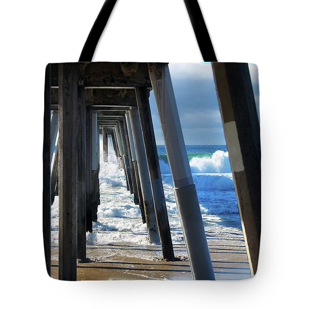 Hermosa Beach California Tote Bag featuring the photograph Hermosa Beach Pier and Sandpiper by Joe Schofield