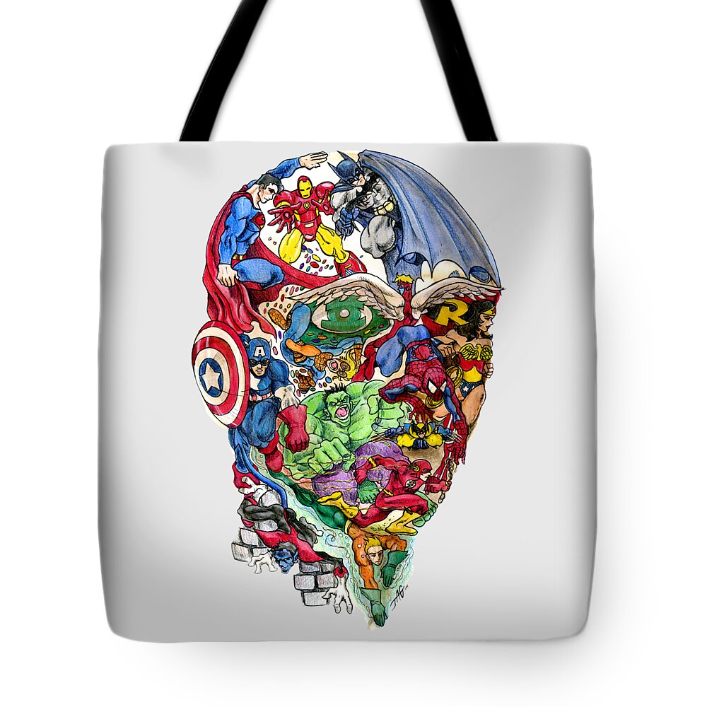 Superhero Tote Bag featuring the drawing Heroic Mind by John Ashton Golden