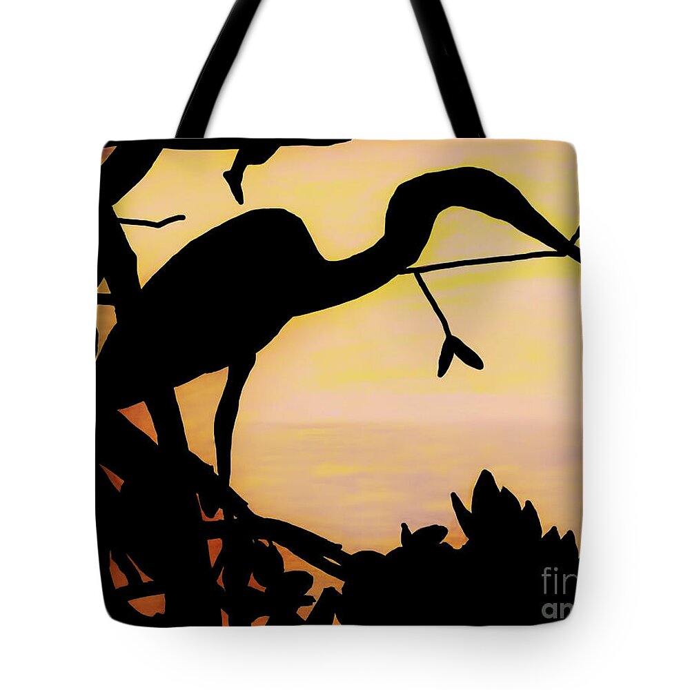 Sunset Tote Bag featuring the drawing Heron Sunset by D Hackett