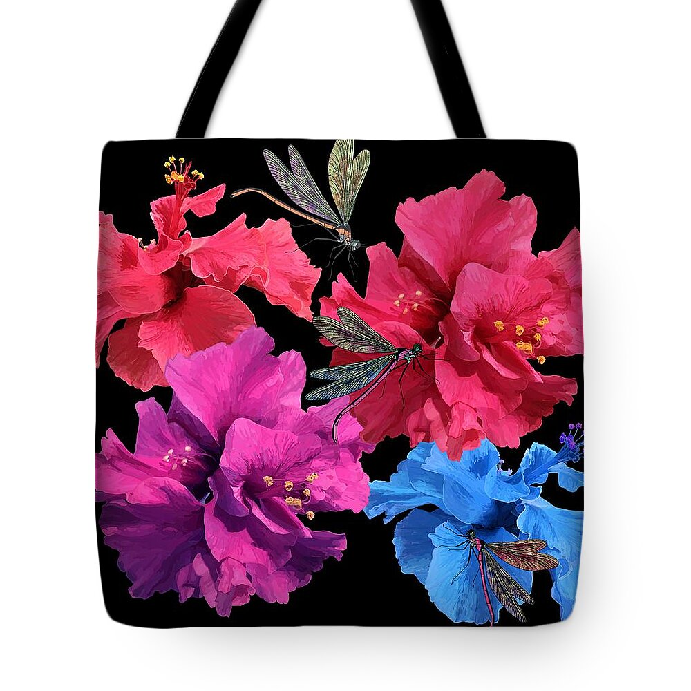 Hibiscus Tote Bag featuring the drawing Hibiscus Dragonfly by Joan Stratton