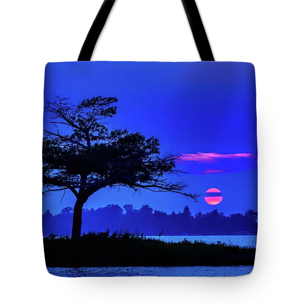 Cherry Red Sunset Tote Bag featuring the photograph Higgins Lake Cherry Red Sunset by Joe Holley