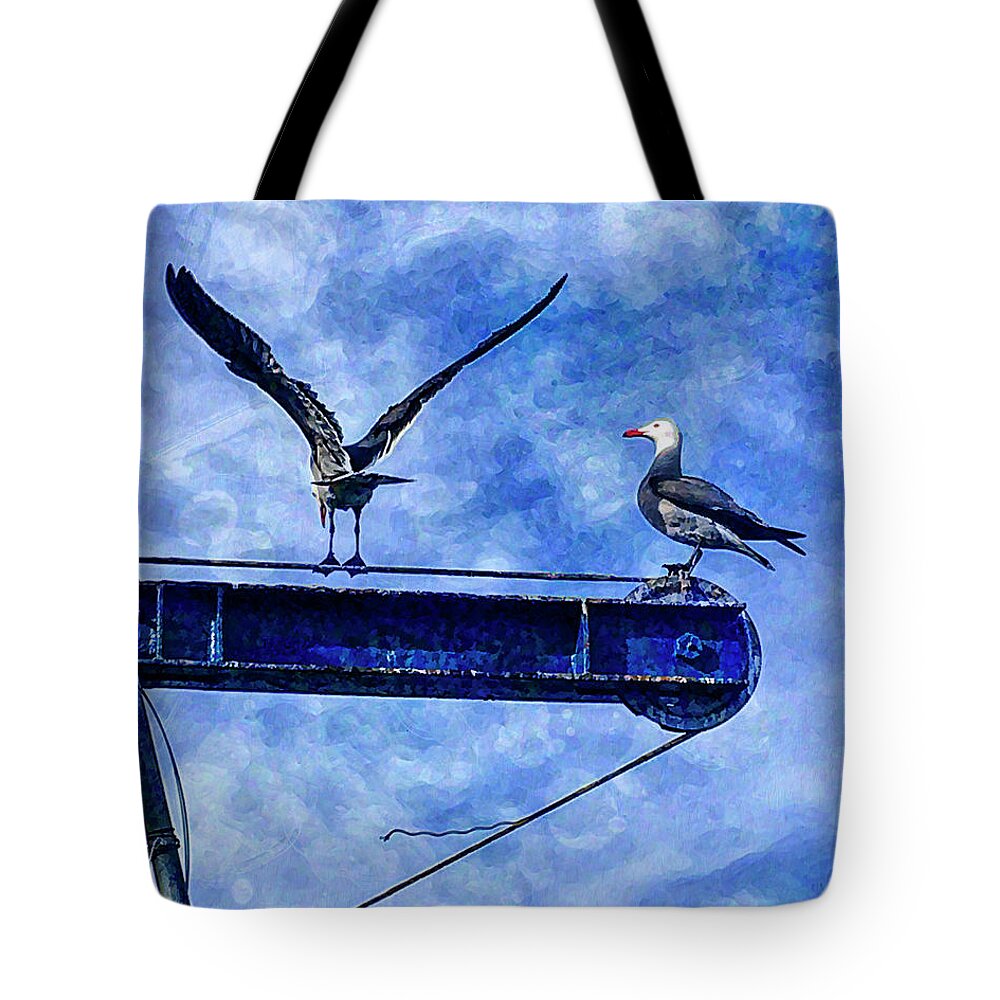 Ports O' Call Tote Bag featuring the digital art High Diving Gulls by Rhonda Strickland