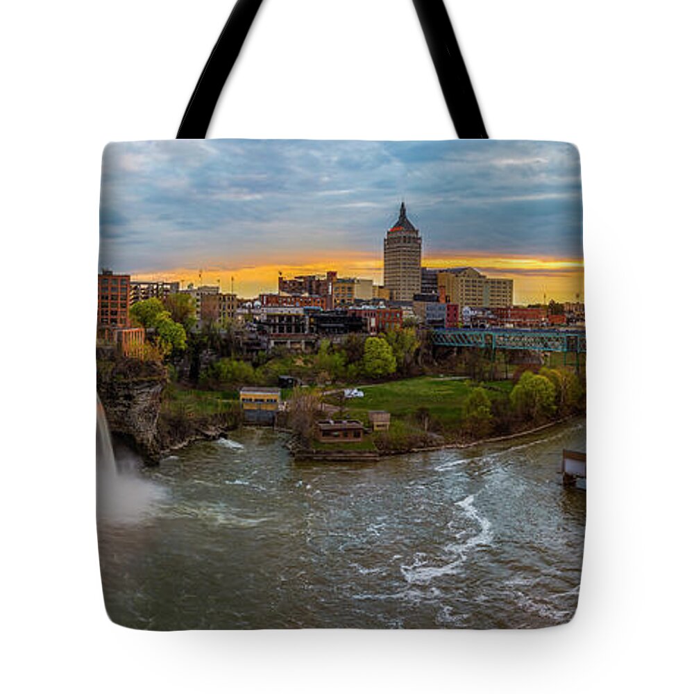 Landscape Tote Bag featuring the photograph High Falls Rochester Ny at Sunset by Mark Papke