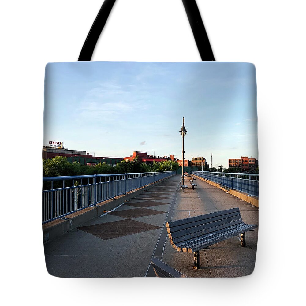 High Falls Rochester New York Tote Bag featuring the photograph High Falls Walking Bridge by Aimee L Maher ALM GALLERY