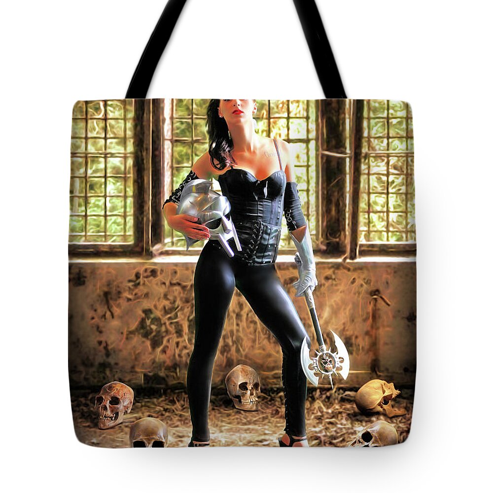 Zombie Tote Bag featuring the photograph High Heeled Zombie Slayer by Jon Volden