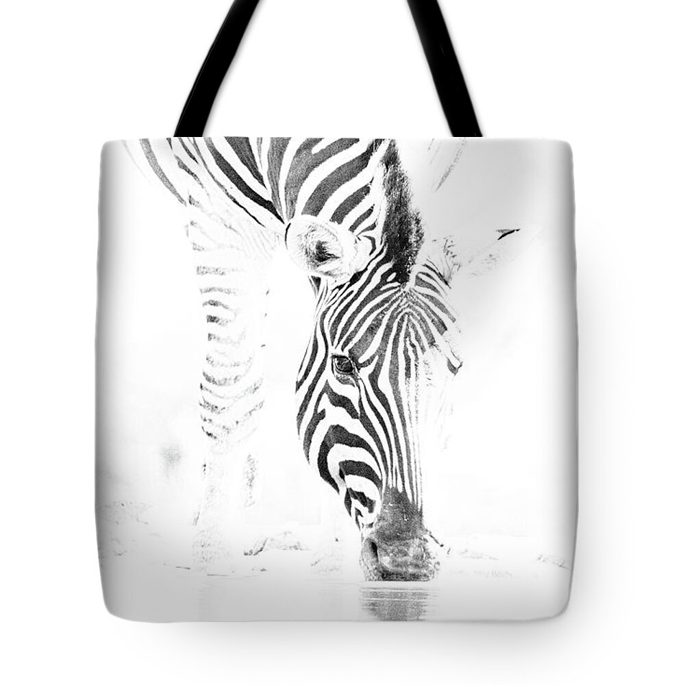 Zebra Tote Bag featuring the photograph High Key Zebra Drinking by Mark Hunter