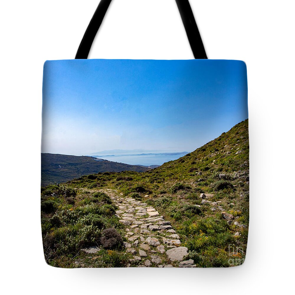 Hiking Trail Tote Bag featuring the photograph Hiking a rocky path on Island of Tinos in Greece by L Bosco