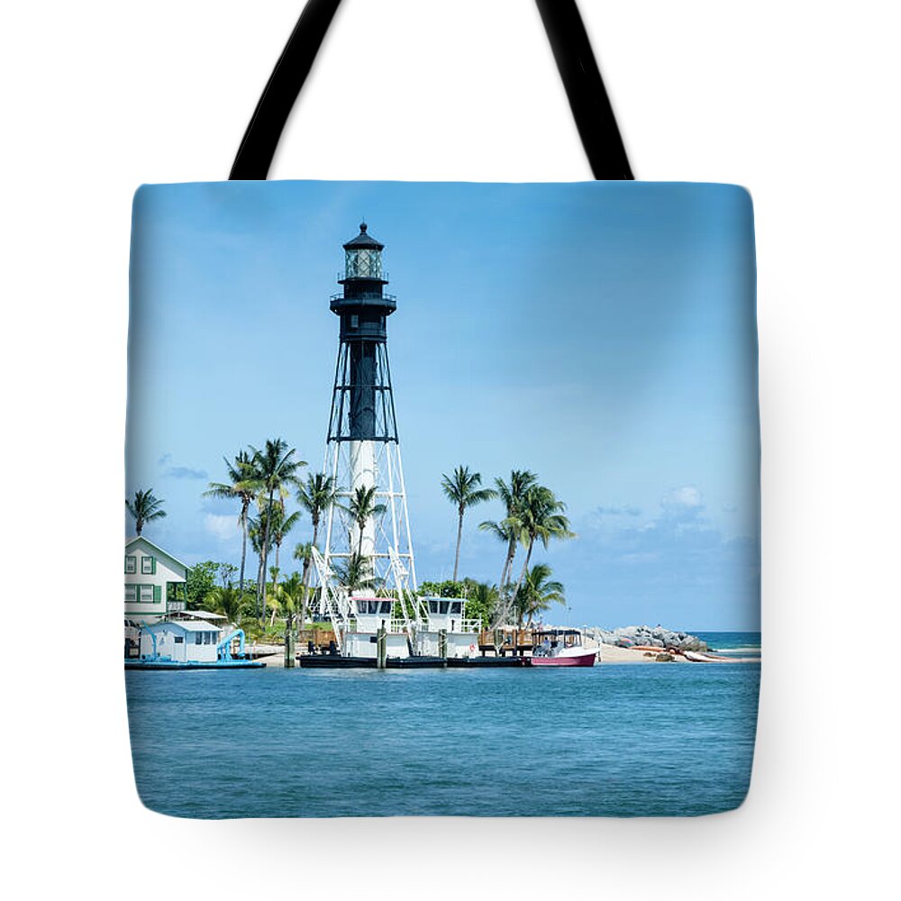 Water's Edge Tote Bag featuring the photograph Hillsboro Inlet Lighthouse - Octagonal by Drnadig
