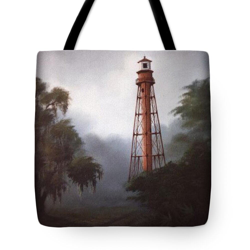 Hilton Head Lighthouse Tote Bag featuring the painting Hilton Head Rear Range Lighthouse South Carolina by Teresa Trotter