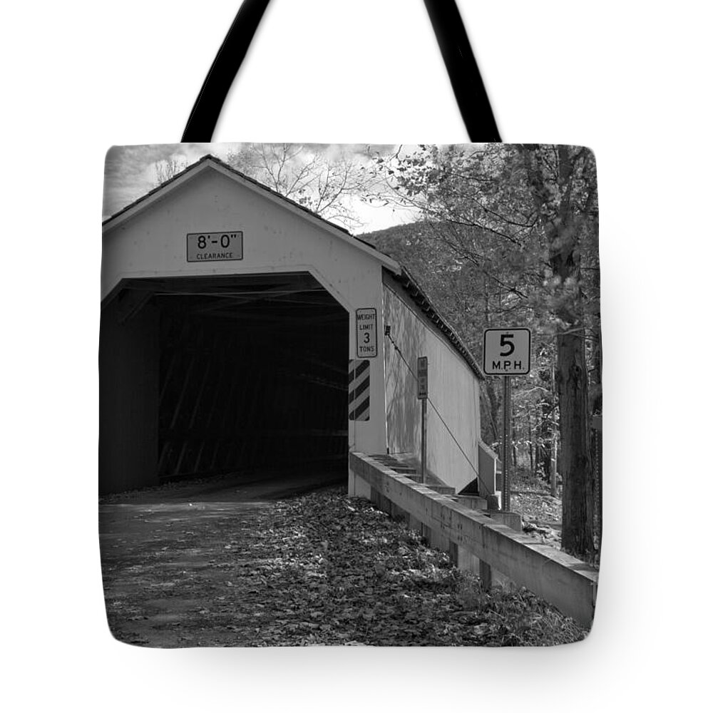 Eagleville Covered Bridge Tote Bag featuring the photograph Historic Eagleville Covered Bridge Black And White by Adam Jewell