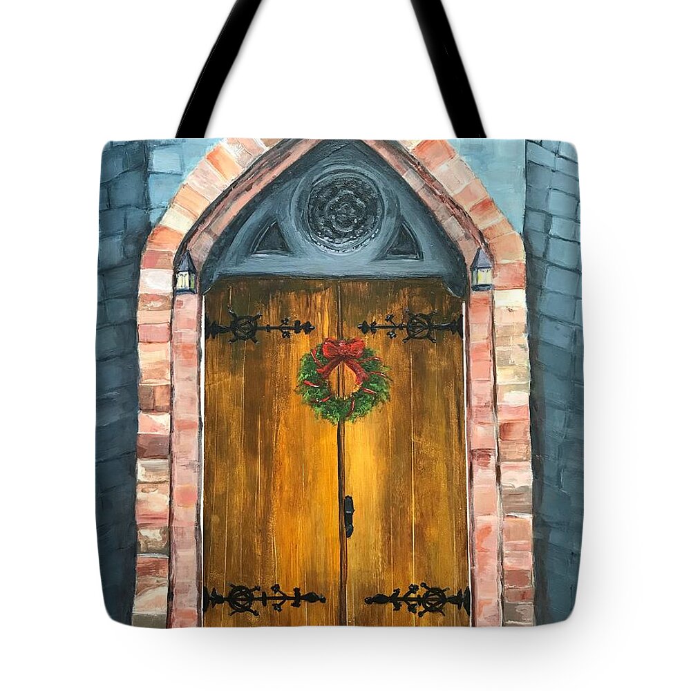 Church Tote Bag featuring the painting Holiday Church Door by Deborah Naves