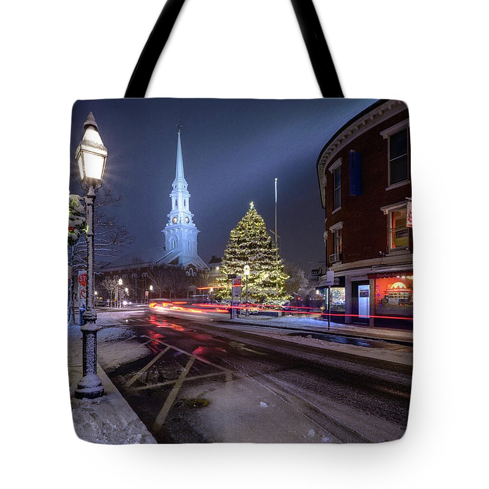 Snow Tote Bag featuring the photograph Holiday Magic, Market Square by Jeff Sinon