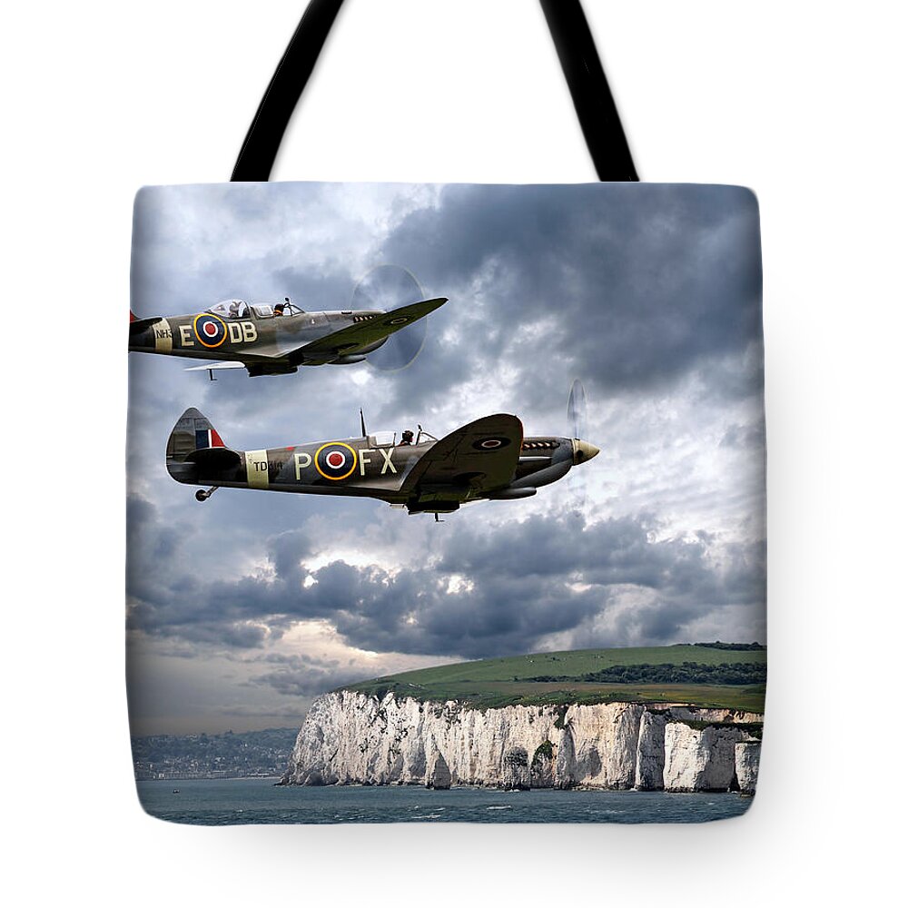 Aircraft Tote Bag featuring the photograph Homeward Bound Spitfires Over The White Cliffs Of Dover by Gill Billington