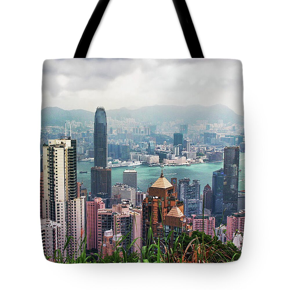 Outdoors Tote Bag featuring the photograph Hong Kong From Victoria Peak by L. Toshio Kishiyama