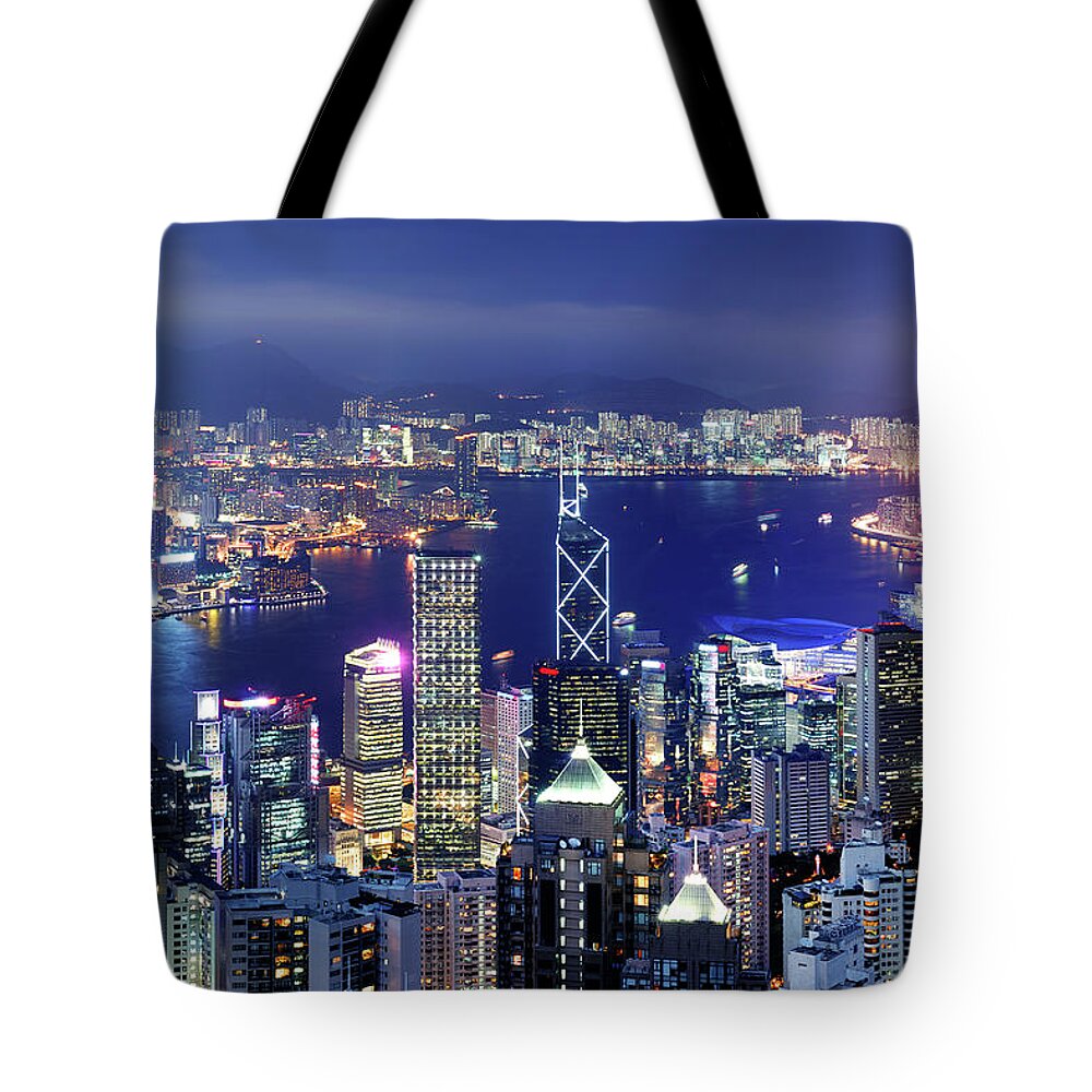 Corporate Business Tote Bag featuring the photograph Hong Kong Victoria Harbor At Night by Samxmeg
