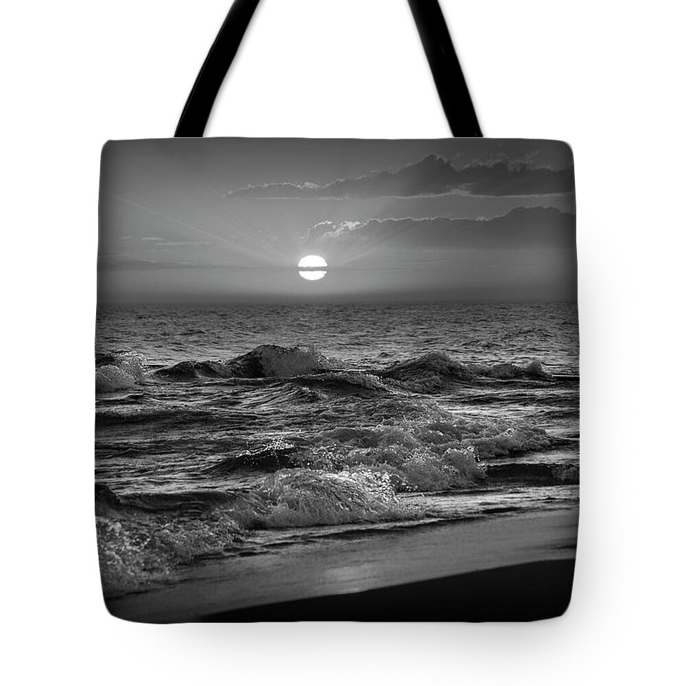 Sunset Tote Bag featuring the photograph Horizontal Black and White Photograph of a Lake Michigan Sunset by Randall Nyhof