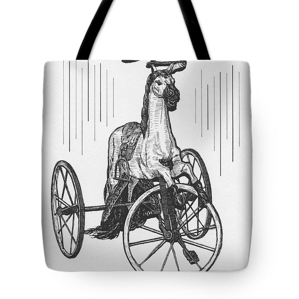 Horse Tote Bag featuring the drawing Horse Tricycle by Tommy Midyette