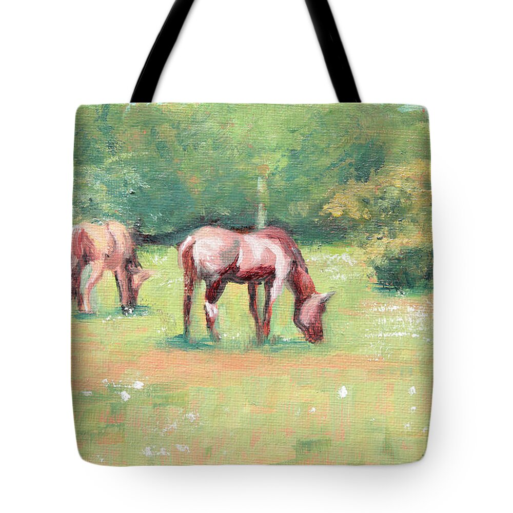 Horses Tote Bag featuring the painting Horses in the Fields by Trina Teele