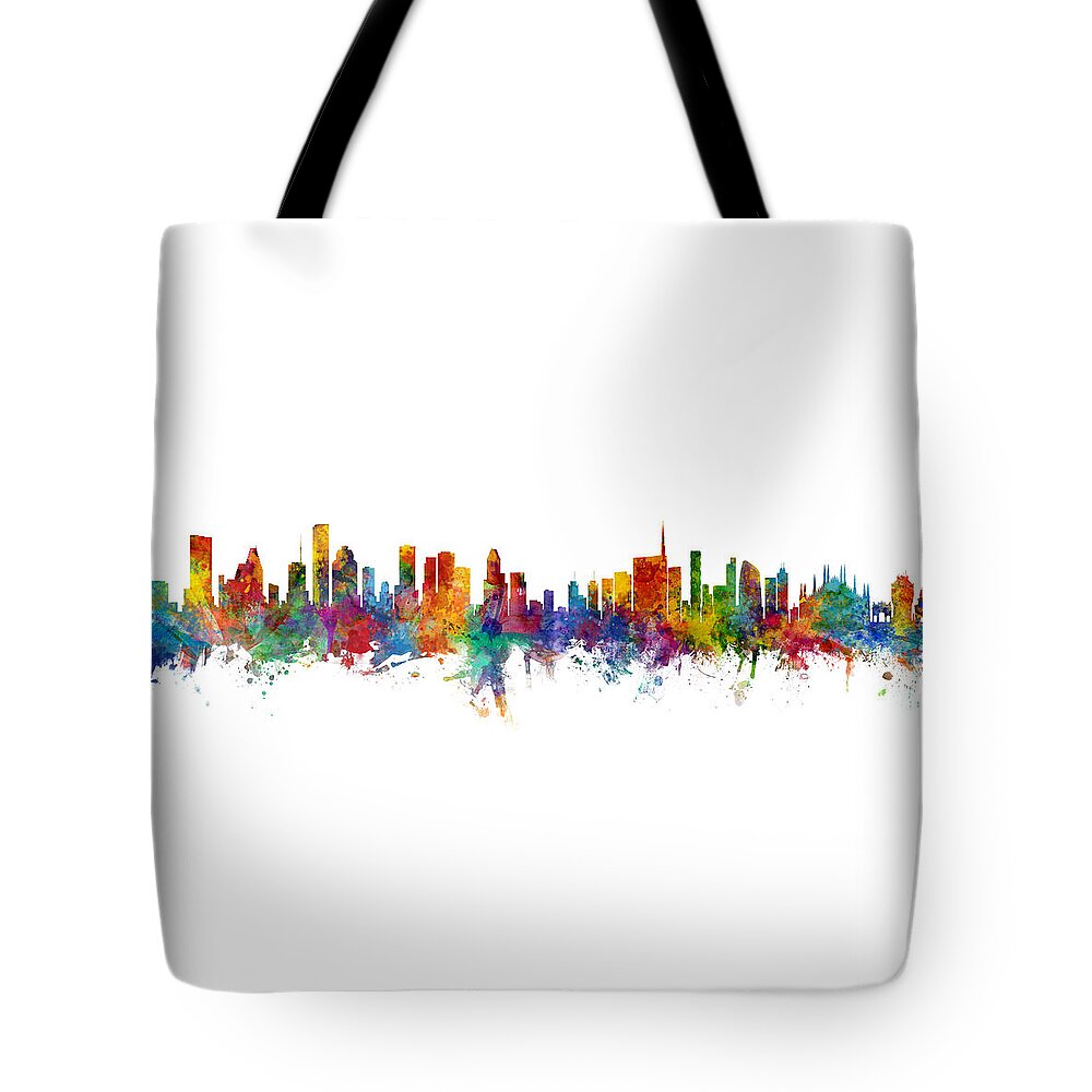 Houston Tote Bag featuring the digital art Houston and Milan Skyline Mashup by Michael Tompsett