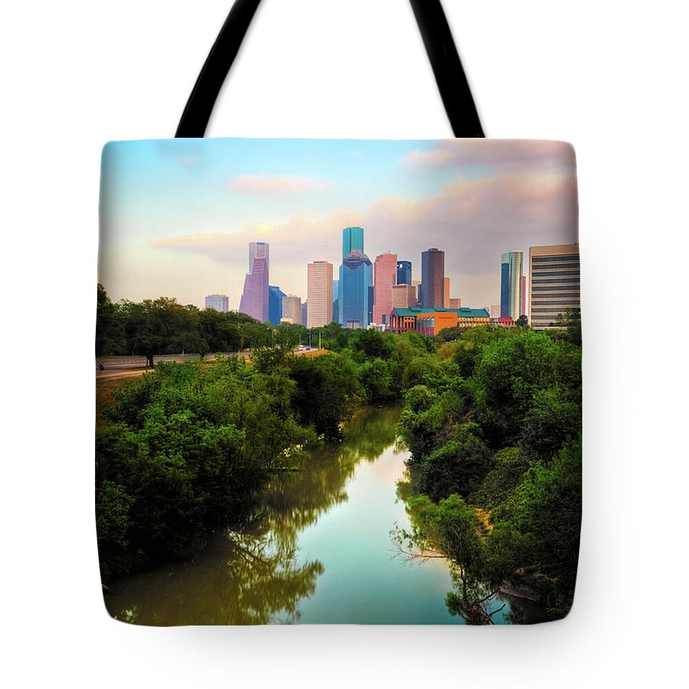Scenics Tote Bag featuring the photograph Houston Skyline At Sunset by Moreiso