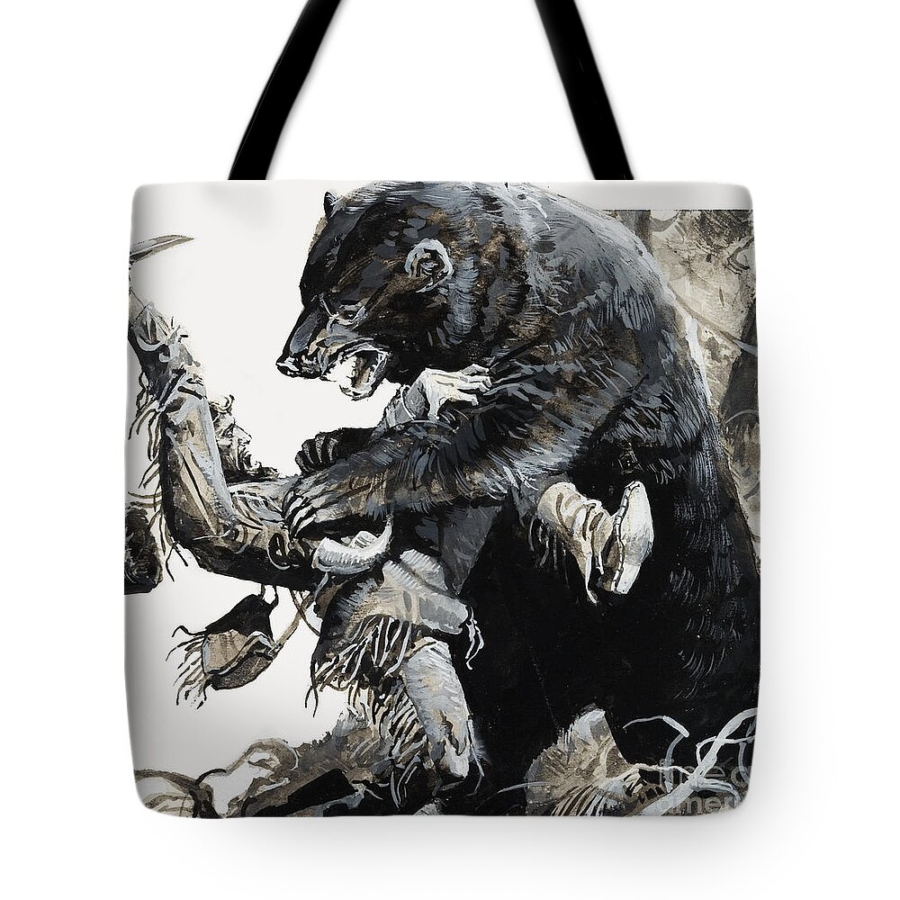 Knife Tote Bag featuring the painting Hugh Glass Being Savaged By A Bear by Severino Baraldi