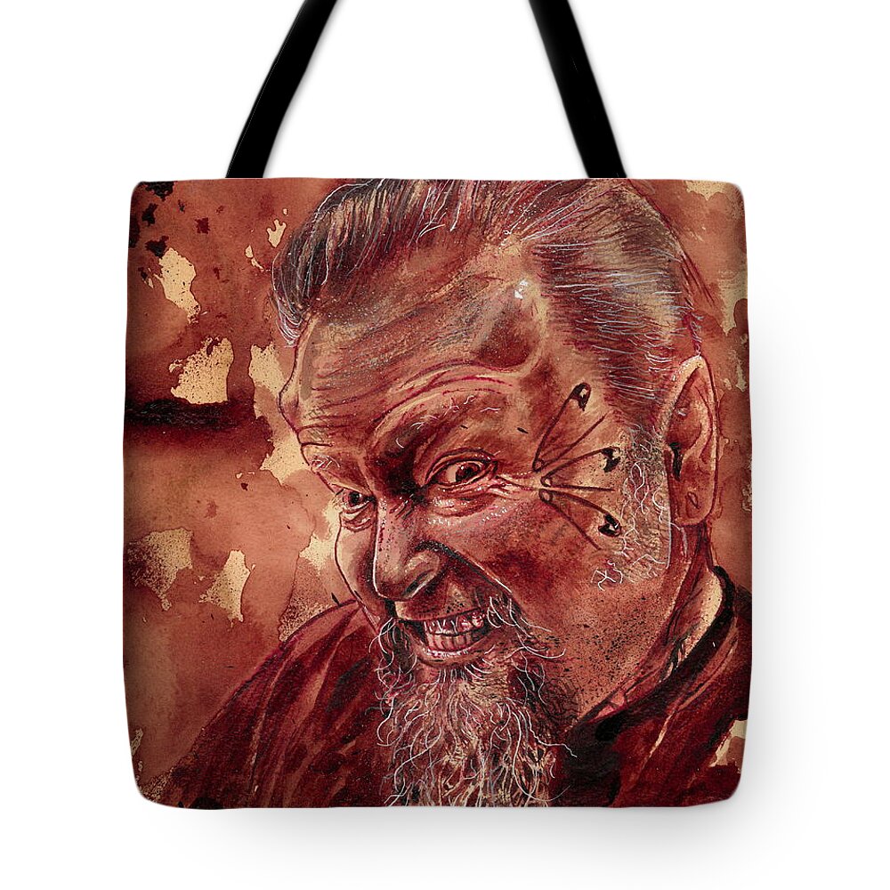Ryan Almighty Tote Bag featuring the painting Human Blood Artist Self Portrait - dry blood by Ryan Almighty