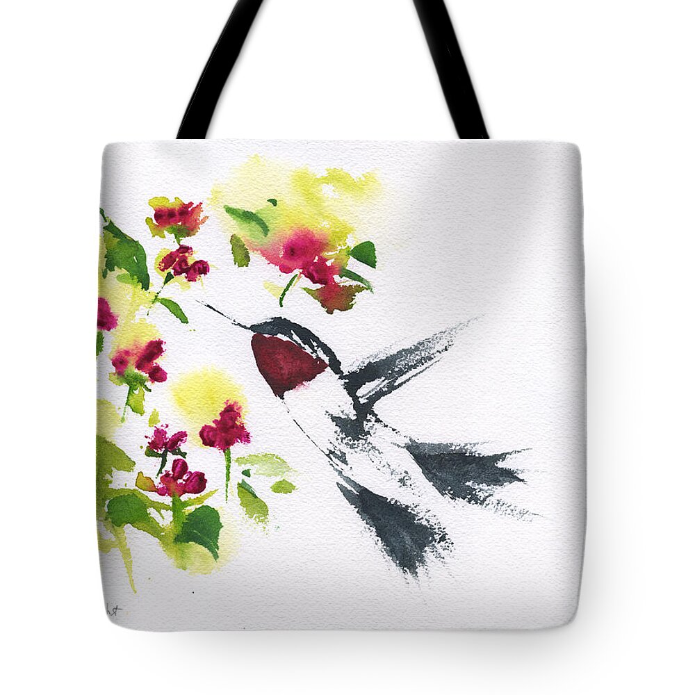 Hummingbird And Flowers Tote Bag featuring the painting Hummingbird and Flowers by Frank Bright
