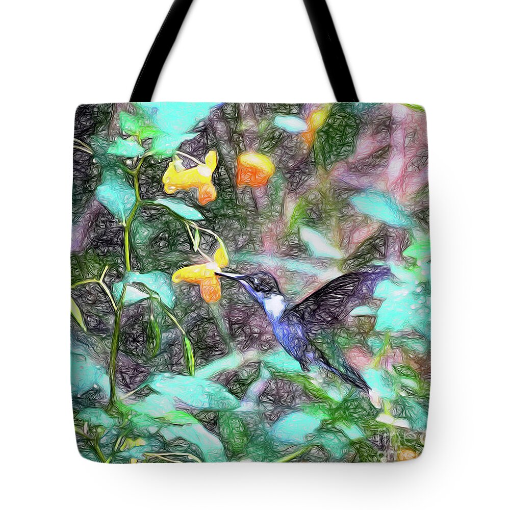 Hummingbird Tote Bag featuring the photograph Hummingbird in the Jewelweed by Kerri Farley