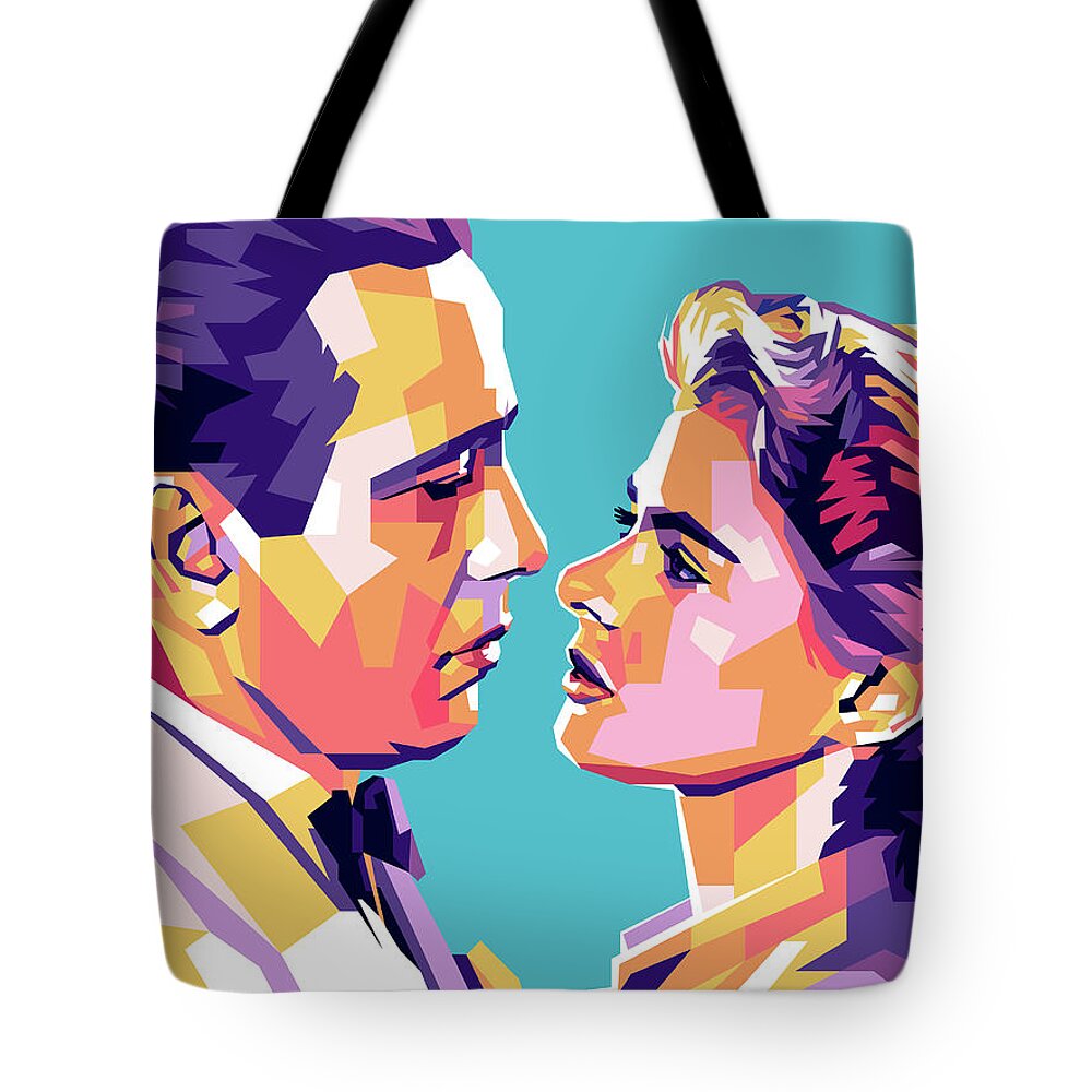  Humphrey Tote Bag featuring the digital art Humphrey Bogart and Ingrid Bergman by Stars on Art
