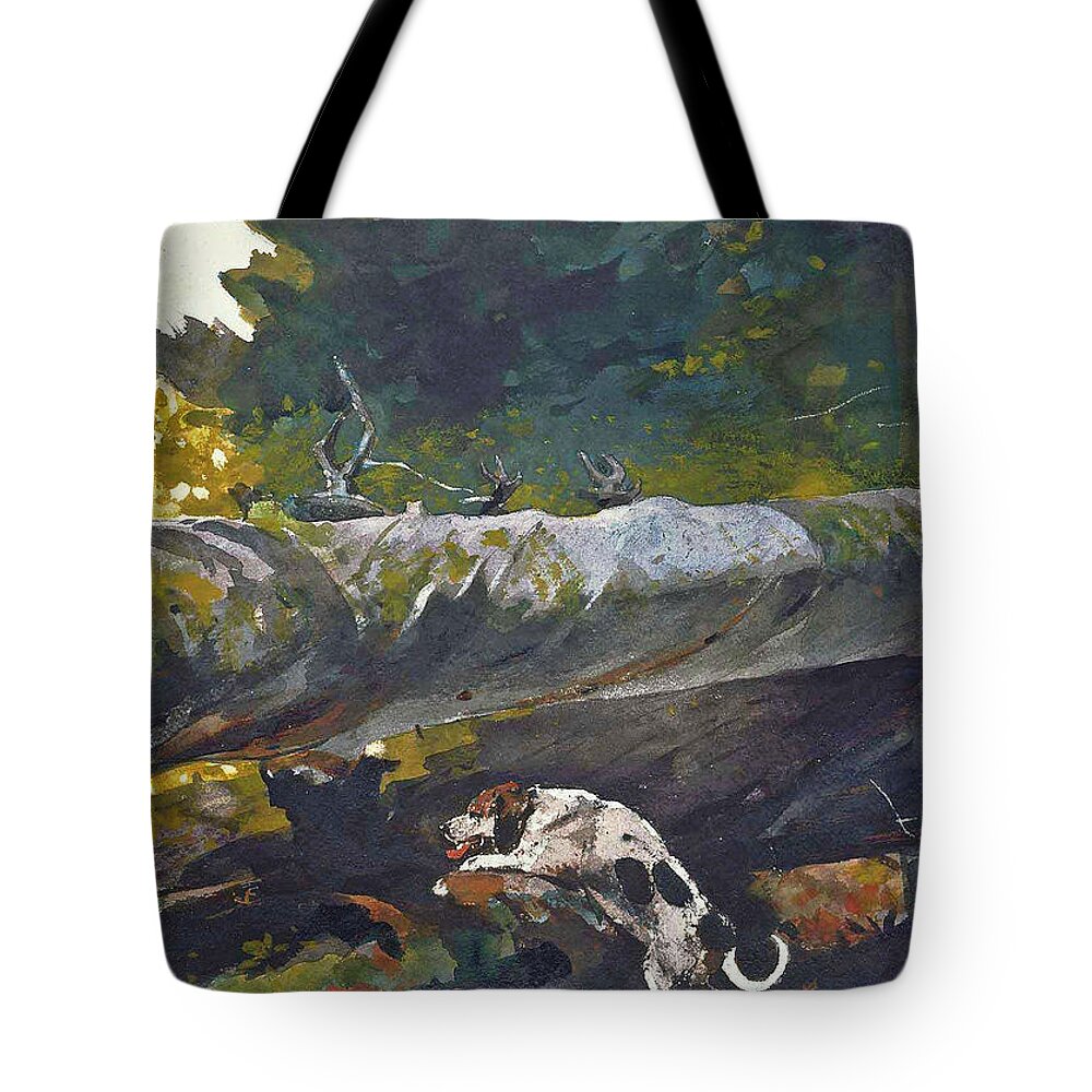 Winslow Homer Tote Bag featuring the drawing Hunting Dog among dead Trees by Winslow Homer