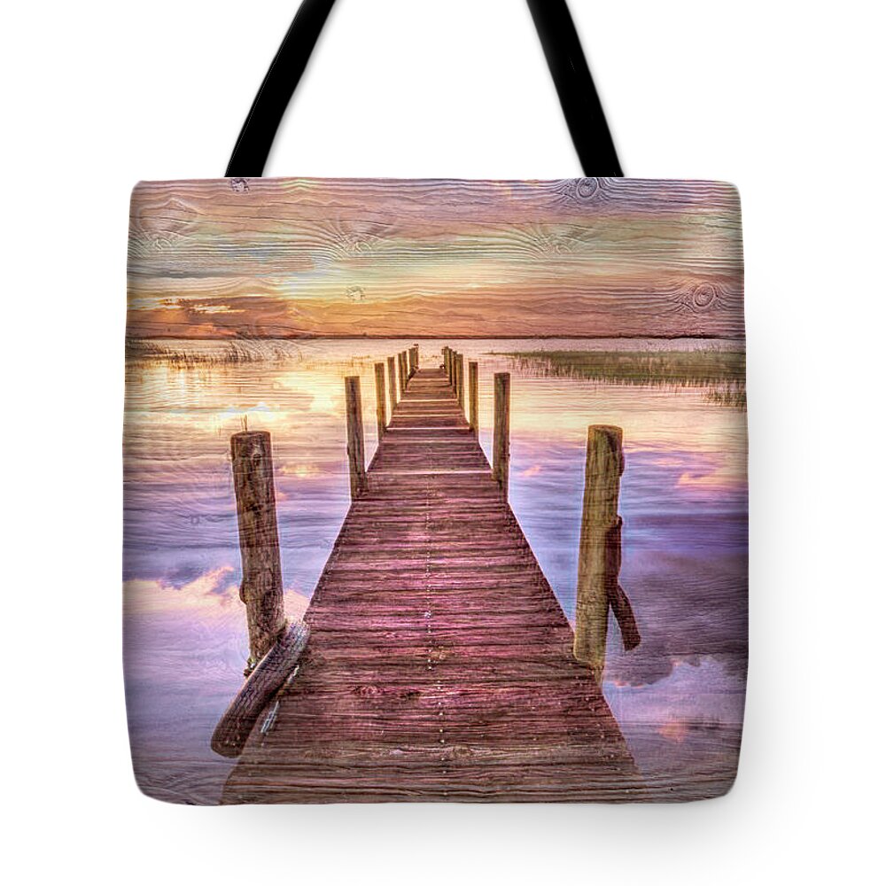 Clouds Tote Bag featuring the photograph Hush in the Morning with Wood Textures by Debra and Dave Vanderlaan