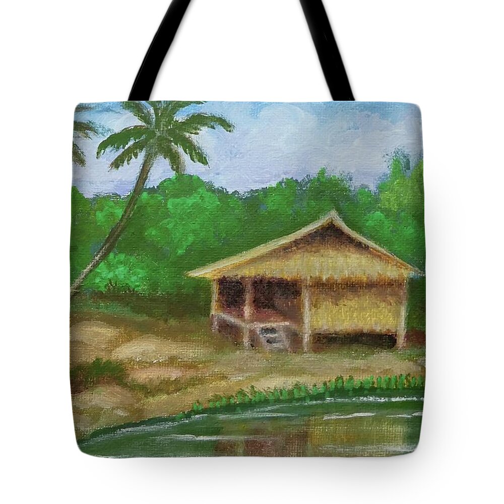 Hut Tote Bag featuring the painting Hut by the River by Cyril Maza