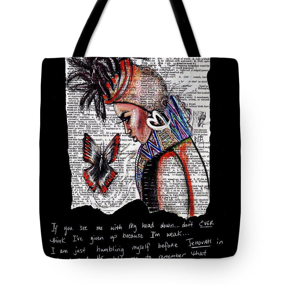 Words Tote Bag featuring the drawing I am a Woman by Artist RiA