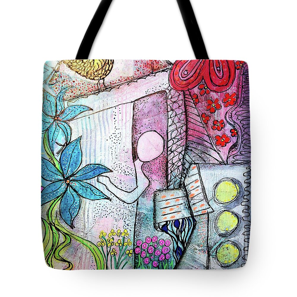 Spring Tote Bag featuring the mixed media I Opened the Curtain and there was Spring by Mimulux Patricia No