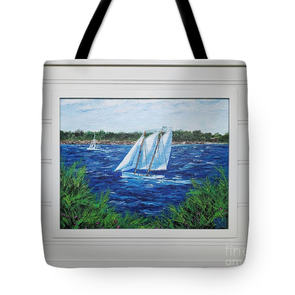Boat Tote Bag featuring the painting I Spy A Schooner - with frame - Seilglede 5 by C E Dill