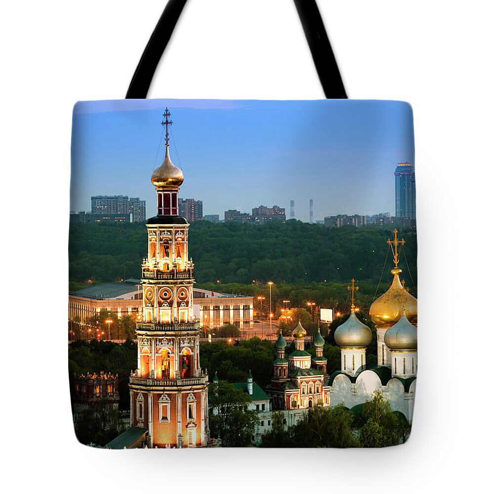Built Structure Tote Bag featuring the photograph Illuminated Church And Bell Tower At by Mordolff