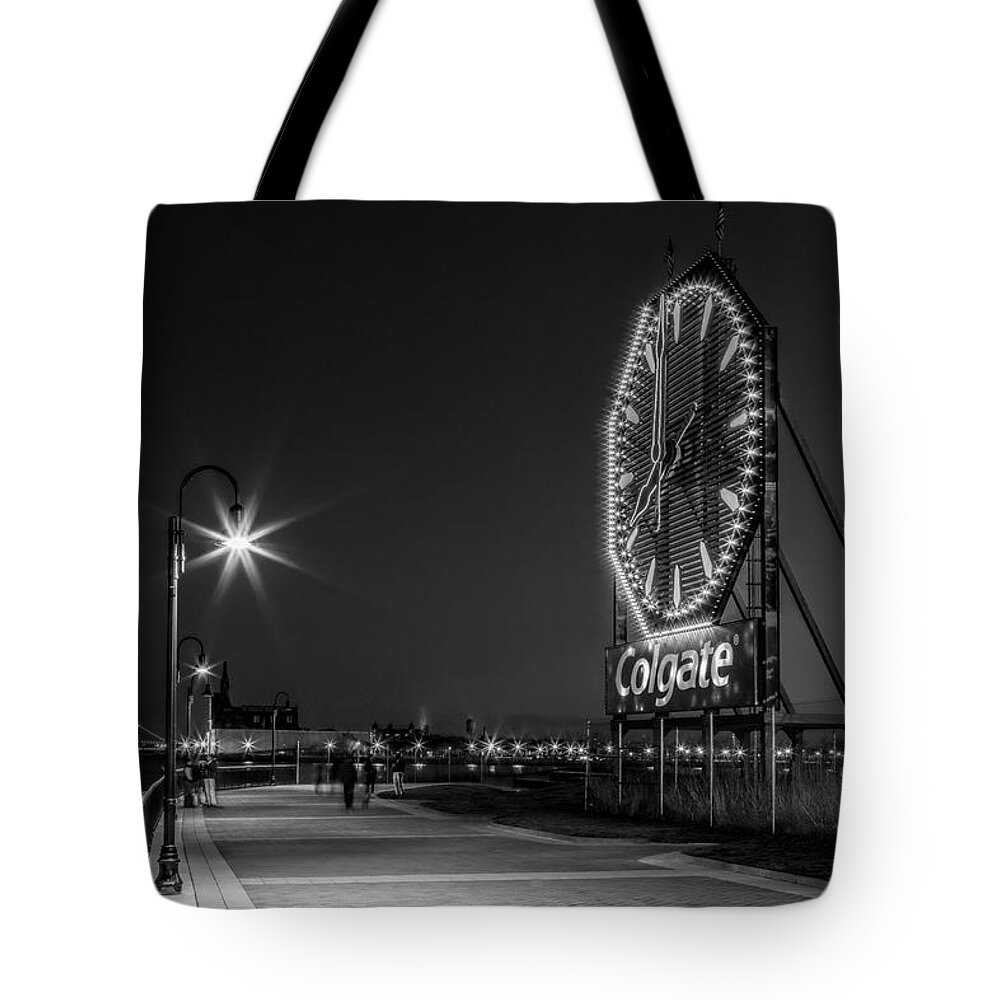 Colgate Clock Tote Bag featuring the photograph Illuminated Colgate Clock BW by Susan Candelario