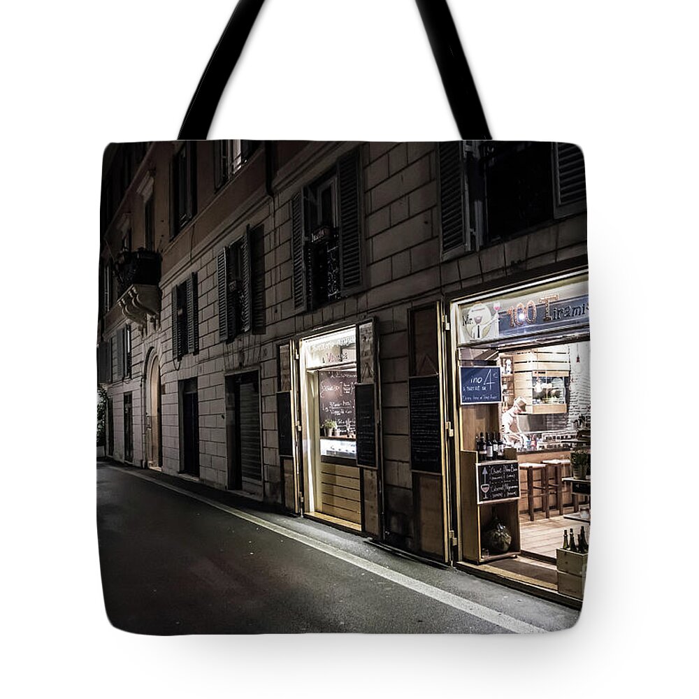 Italy Tote Bag featuring the photograph Illuminated Restaurant in Abandoned Street in Rome in Italy by Andreas Berthold