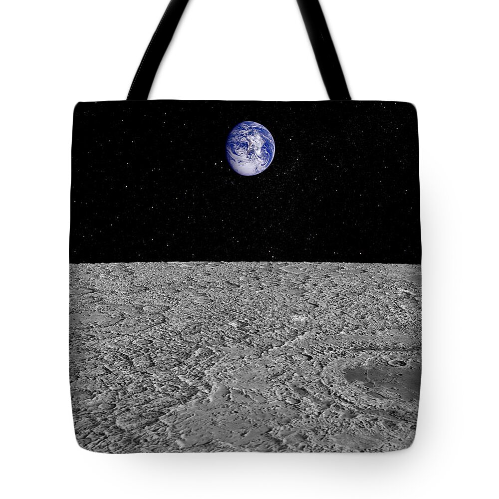 Black Background Tote Bag featuring the digital art Illustration Of A View Of Earth From by Jason Reed
