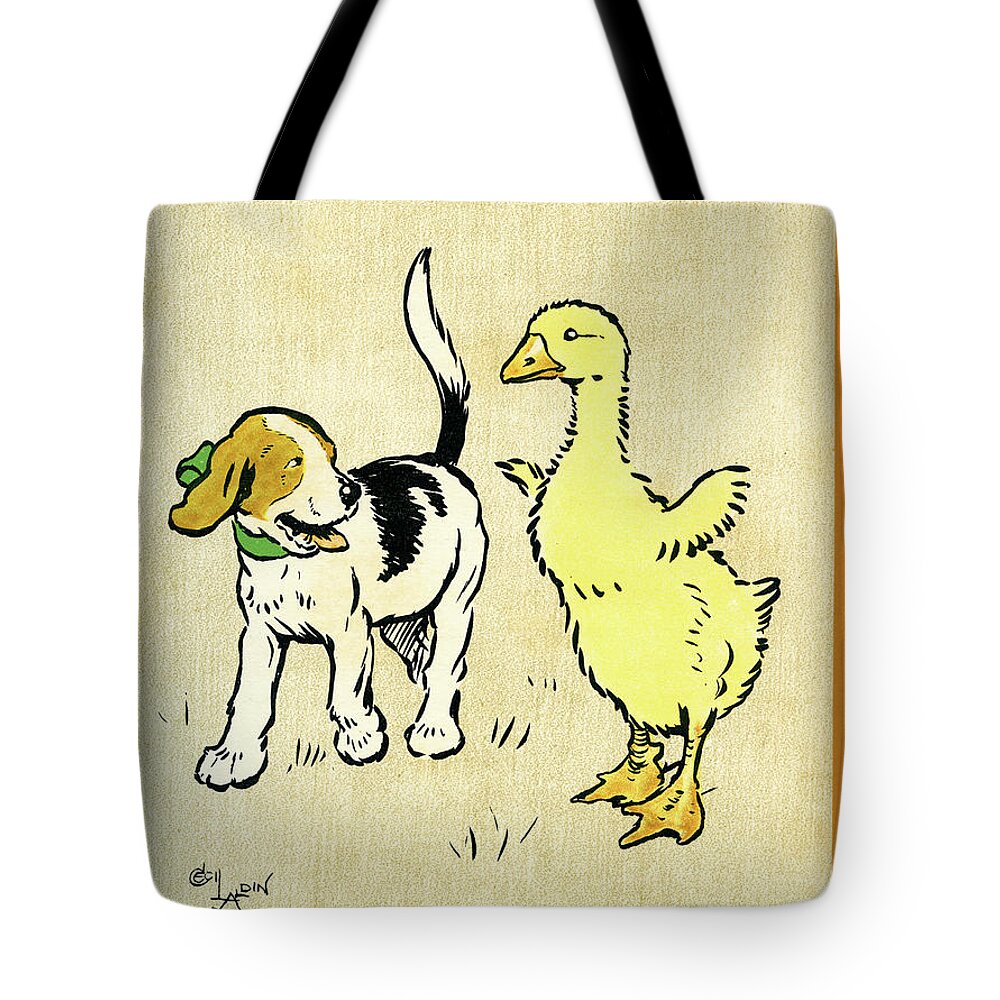 Puppy Tote Bag featuring the mixed media Illustration of puppy and gosling by Cecil Aldin