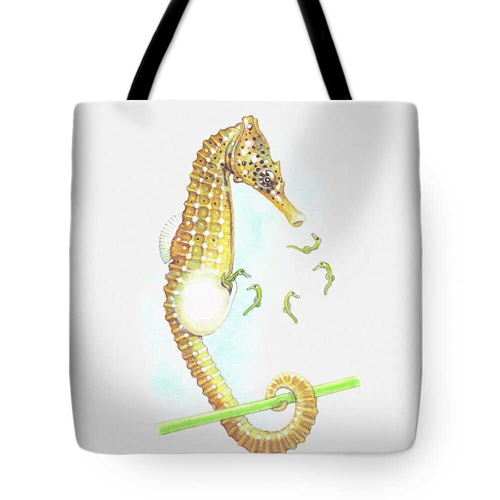 Underwater Tote Bag featuring the digital art Illustration Of Seahorse Giving Birth by Dorling Kindersley