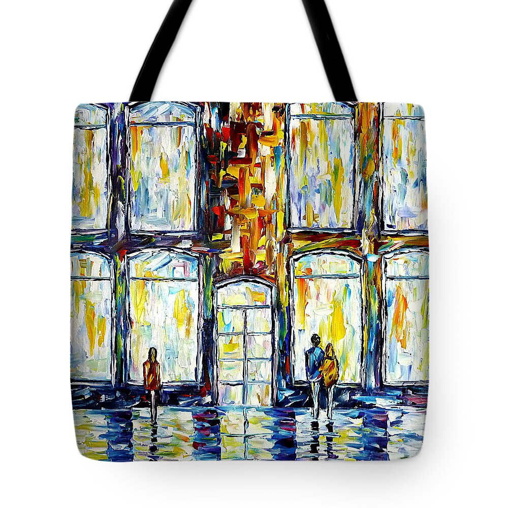 City Life Tote Bag featuring the painting In Front Of Shop Windows by Mirek Kuzniar