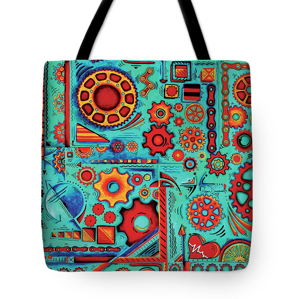 Biking Tote Bag featuring the painting In Motion Unique Biking Cycling Gears Original Painting Modern Art by Megan Duncanson by Megan Aroon