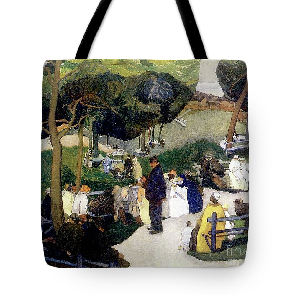 Bench Tote Bag featuring the painting In The Park, 1922 by Anthony Angarola