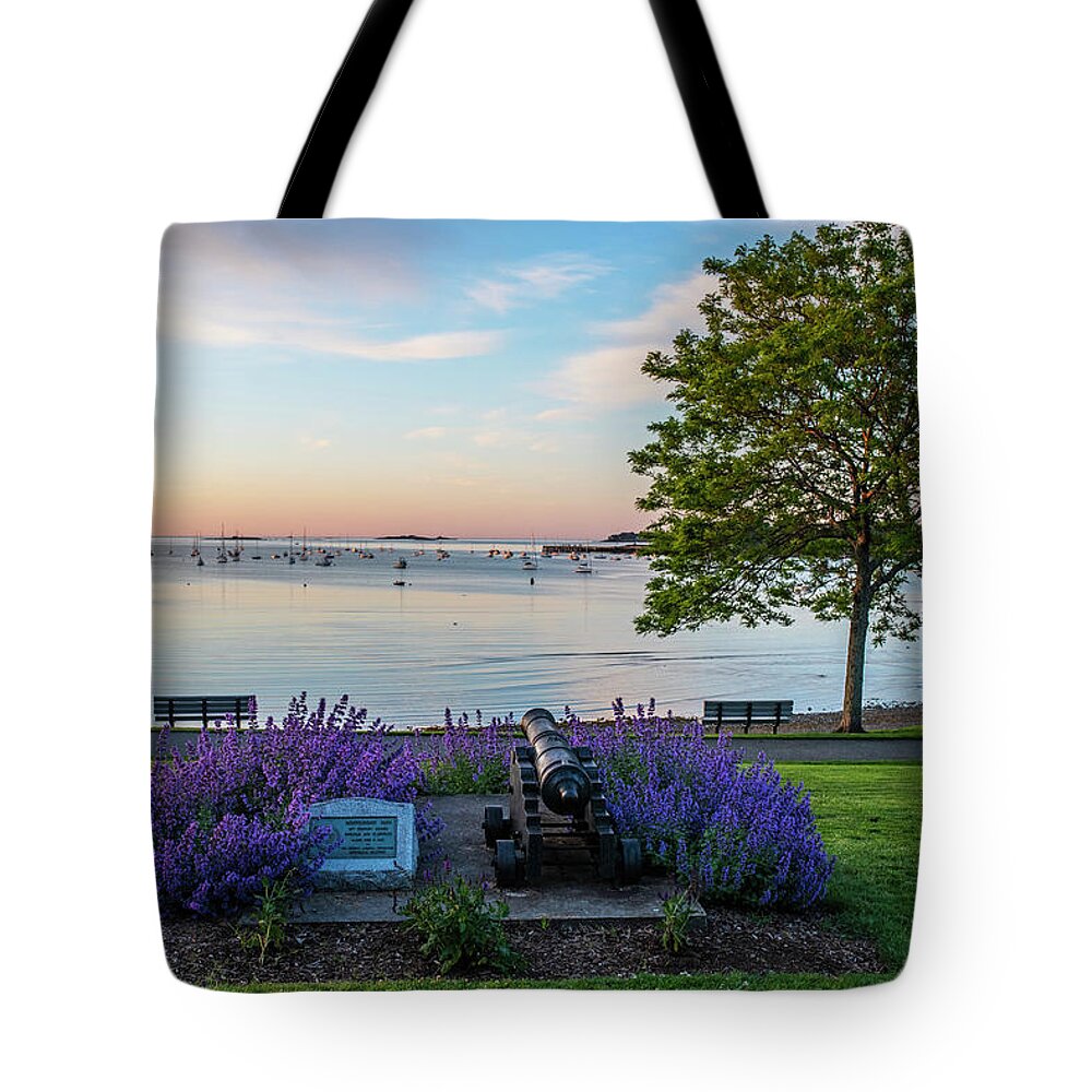 Beverly Tote Bag featuring the photograph Independence Park Beverly MA Morning Light Cannon Statue by Toby McGuire