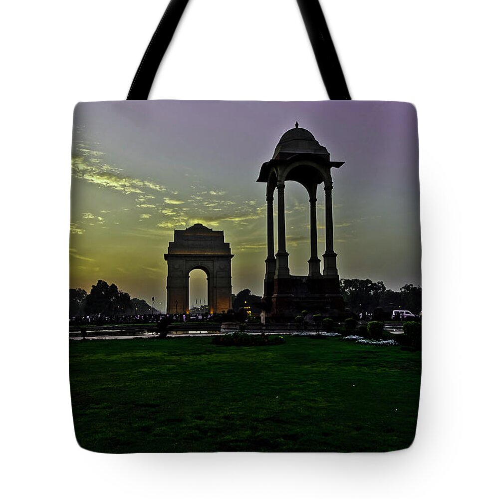 Tranquility Tote Bag featuring the photograph India Gate by Copyright Antony Grossy