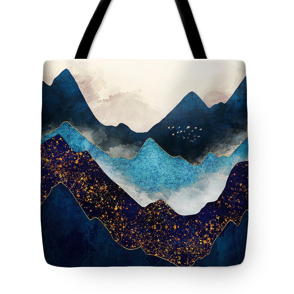 Indigo Tote Bag featuring the digital art Indigo Peaks by Spacefrog Designs