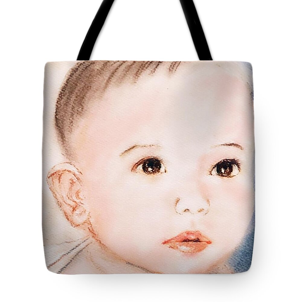 Pastel Drawing Of A Baby's Portrait Tote Bag featuring the drawing Innocence by Lavender Liu