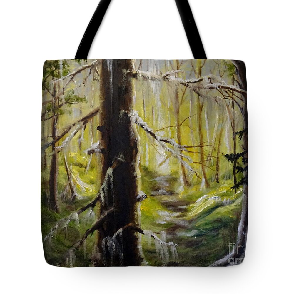 Forest Trees Light Dark Landscape Sky Shadows Shade Ground Moss Grass Branches Leaves Path Glow Tote Bag featuring the painting Inside The Forest by Ida Eriksen